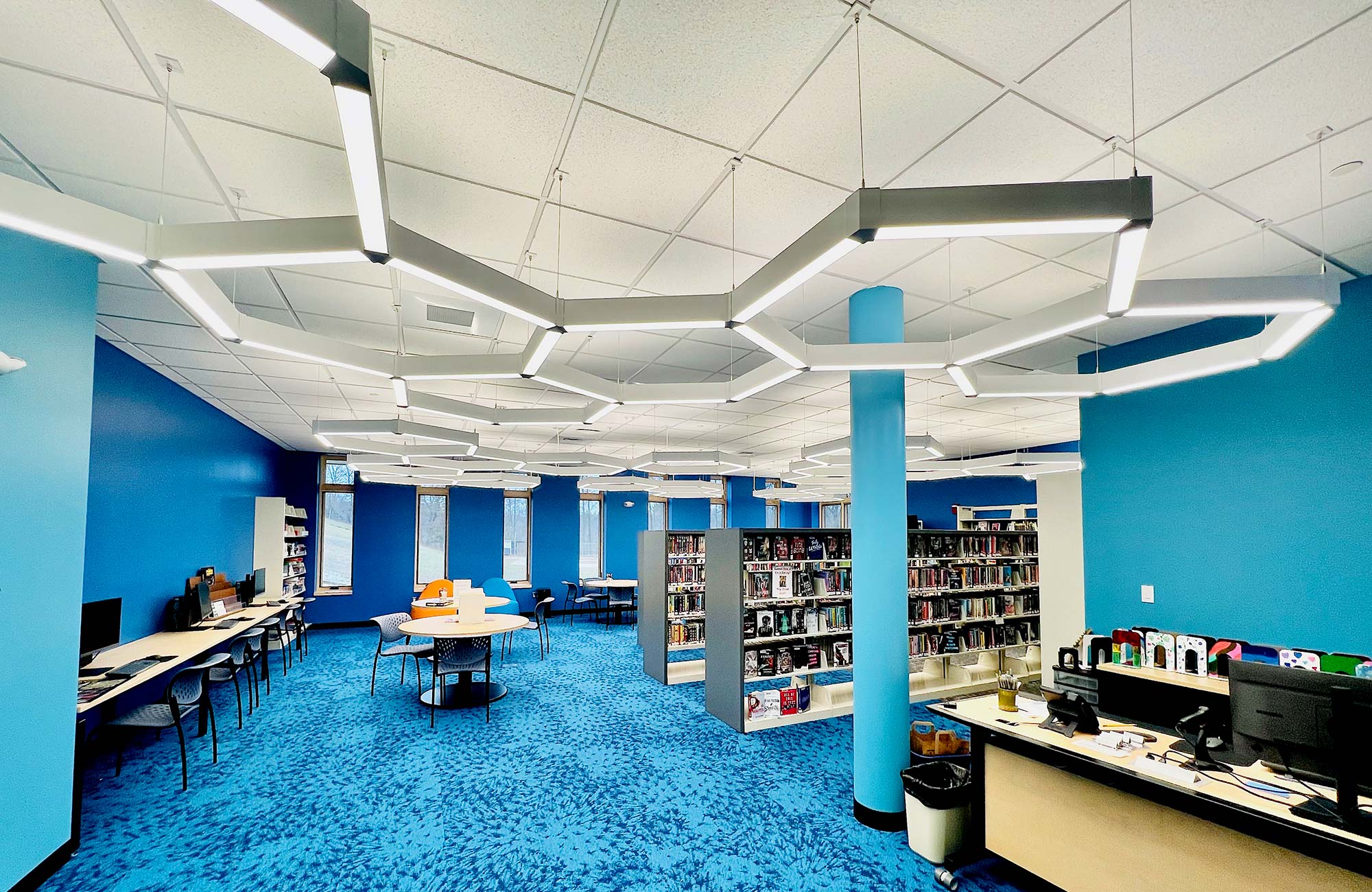 Suspended geometric lighting at Littleton Library